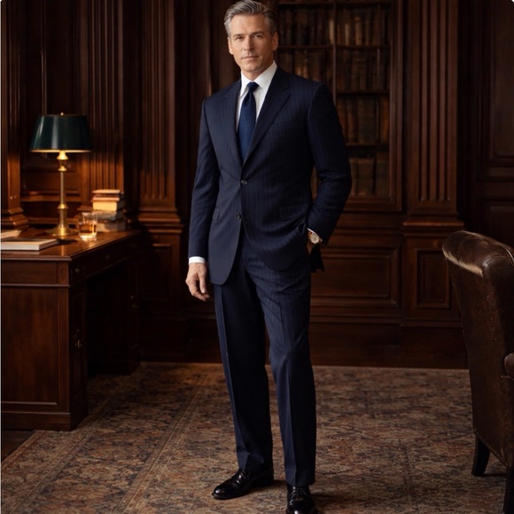 Lauren Ralph Lauren 100% Wool Navy Pinstripe Suit 46L 40x30 Preppy Old Money